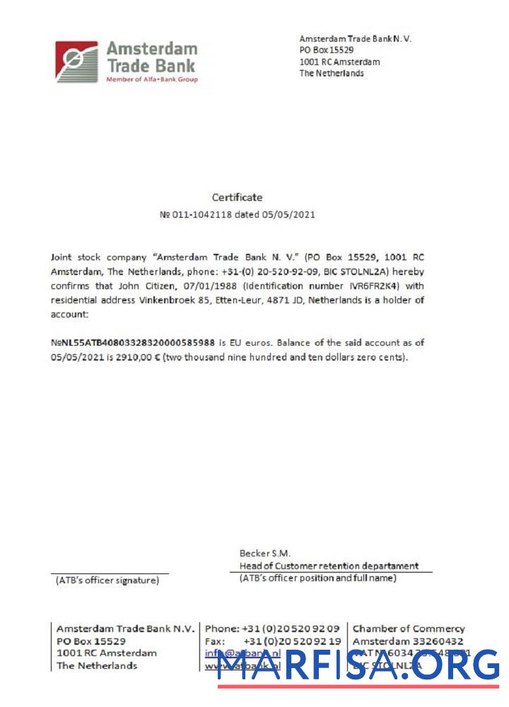 Realistic Netherlands Amsterdam Trade Bank certificate download for verification